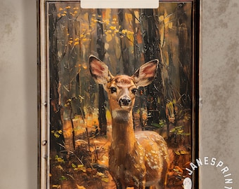 Fall Deer Print Digital Download, Cute Fawn Printable Wall Art, Woodland Animal in Autumn Forest Landscape, Baby Deer Picture Fall Art Print