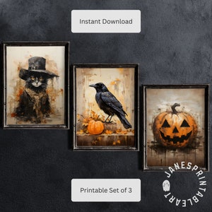 Dark Academia Halloween Set of 3 Printable Paintings, Fall Farmhouse Wall Prints to Download, Printable Spooky Season Pictures Art Set of 3
