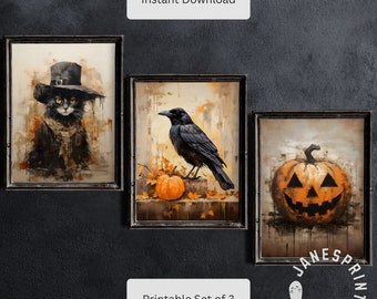 Dark Academia Halloween Set of 3 Printable Paintings, Fall Farmhouse Wall Prints to Download, Printable Spooky Season Pictures Art Set of 3