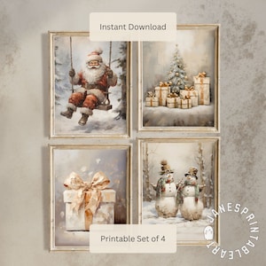 Pastel Christmas Print Set of 4 Pictures, Muted Colors Printable Set of 4 Holidays Prints, Vintage Winter Pictures Bundle of Four Art Pieces