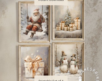 Pastel Christmas Print Set of 4 Pictures, Muted Colors Printable Set of 4 Holidays Prints, Vintage Winter Pictures Bundle of Four Art Pieces