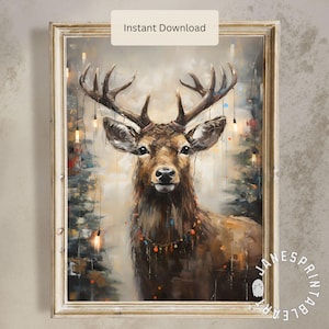 Arte de pared imprimible de renos navideños, impresión digital de ciervos de invierno, descarga de imagen de renos navideños, imagen navideña vintage