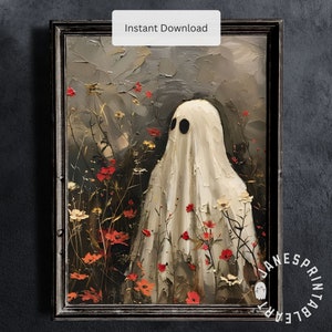 Floral Ghost Art Print Digital Download, Gothic Home Decor, Flowers Ghost Portrait Print for Spooky Season, Ghost Oil Painting Printable Art