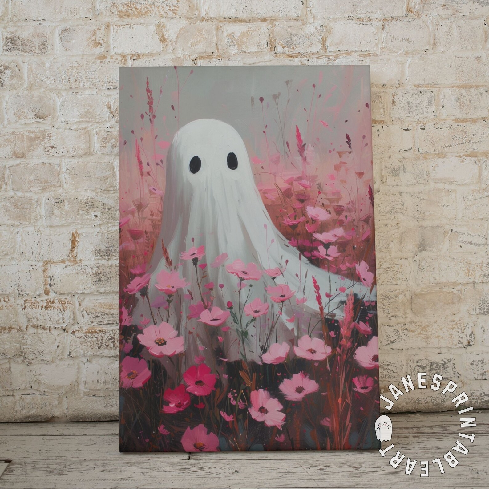 Cute Girly Ghost Among Pink Flowers Spooky Season Printable Wall Art ...