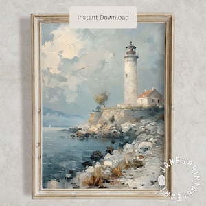Light House printable Wall Art Beach House Decor, Vintage Coastal Print Digital Download, Summer Nautical Seaside Lighthouse Oil Painting
