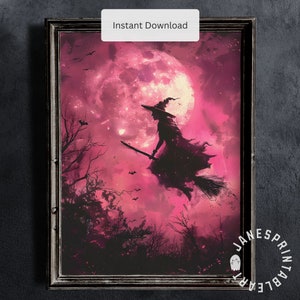 Pink Witch Print Digital Download, Spooky Season Painting Printable Wall Art, Hot Pink Halloween Print Aesthetic, Vintage Witchy Picture