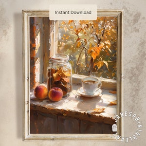 Herbst Kaffee Malerei druckbare Wandkunst, Vintage Küche Druck Herbst Saison Dekor, warme Töne Herbst Kaffee Stillleben Druck digitaler Download
