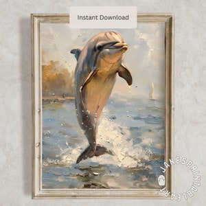 May include: A painting of a dolphin jumping out of the water. The dolphin is gray and white with a blue background. The water is a light blue with white splashes.