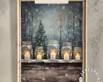 Cozy Winter Art with Candles Digital Print, Vintage Christmas Picture Digital Download, Candles in Mason Jars Festive Holiday Season Decor