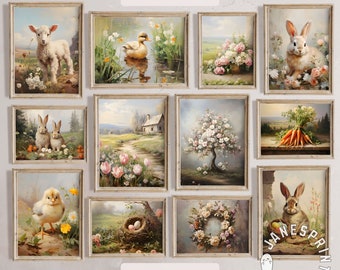 Easter Wall Art Bundle of 12 Pictures, Spring Printable Wall Art Set of Twelve Pieces, Cute Easter Holiday Collection of Digital Prints