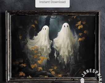 Ghost Painting Fall Dark Academia, Spooky Ghost in the Woods Print, Farmhouse Decor Digital Download, Fall Landscape Painting Printable