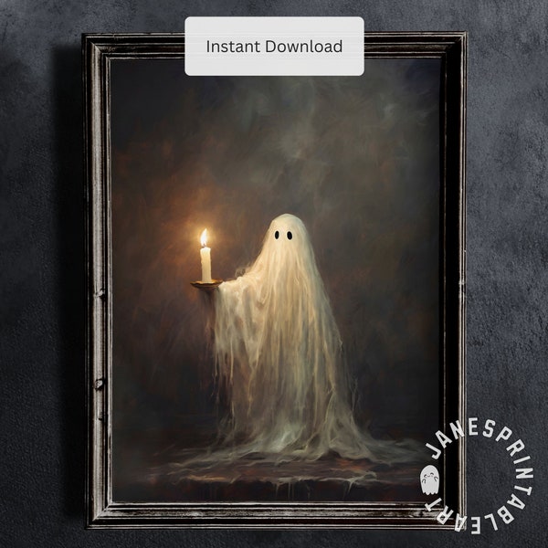 Uroczy, mały duch trzymający świeczkę, dyszący wiktoriański, do wydrukowania, dekoracja pokoju Dark Academia do pobrania natychmiast, upiorny duch na Halloween, cyfrowa sztuka
