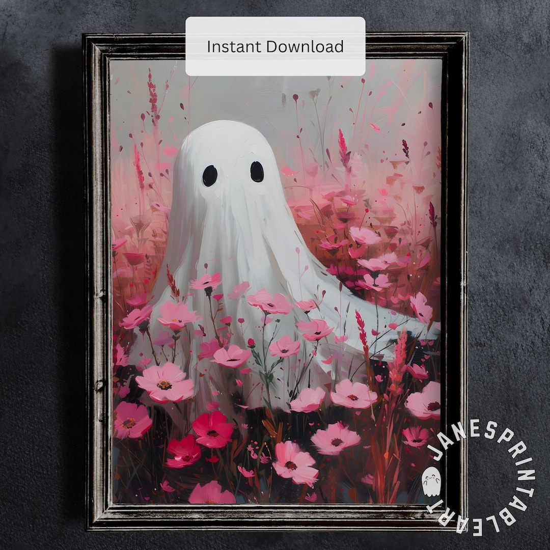 Cute Girly Ghost Among Pink Flowers Spooky Season Printable Wall Art ...