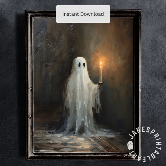 Ghost Holding Candle Printable Wall Art, Oil Painting of Ghost