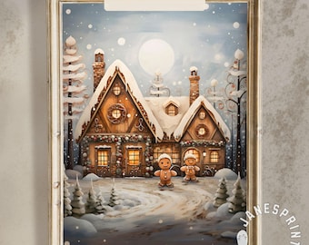 May include: A framed print of a winter scene with a gingerbread house covered in snow and two gingerbread people. The house has lit windows and a snowy roof. The text "Instant Download" is at the top. The artwork is in a gold frame.