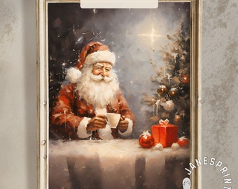 May include: A framed digital print depicting Santa Claus in a red suit and hat, holding a cup. The image has a warm, vintage aesthetic, with a Christmas tree and gifts in the background. The text "Instant Download" is visible.