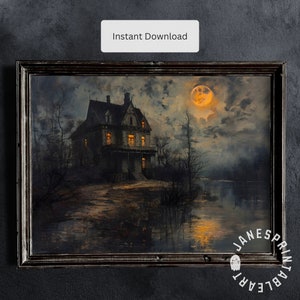 Haunted House druckbare Wandkunst, gruseliges Halloween-Druck digitaler Download, Vintage-Gothic Malerei Halloween-Dekor, dunkles Academia Bild