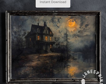 May include: A painting of a large, dark house with lit windows, set against a backdrop of a cloudy night sky with a large, bright moon. The house is situated near a body of water, with trees surrounding it.