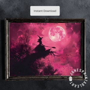 Pink Witch Print Digital Download, Spooky Season Painting Printable Wall Art, Hot Pink Halloween Print Aesthetic, Vintage Witchy Picture