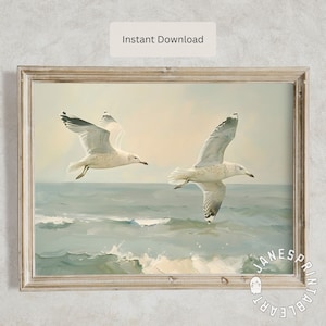 Coastal Landscape with Seagulls Printable Wall Art, Blue Vintage Sea Print Digital Download, Coastal Birds Painting Summer Farmhouse Decor