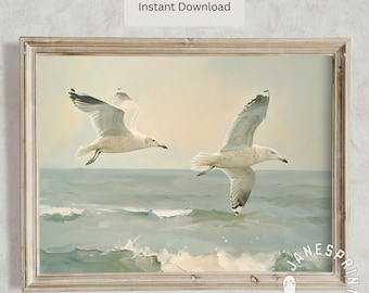 Arte de pared imprimible con paisaje costero y gaviotas, impresión digital vintage de mar azul, pintura de aves costeras, decoración de granja de verano.