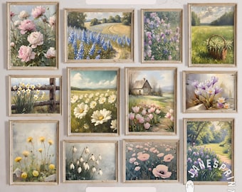 Spring Print Set of 12 Printable Wall Arts, Springtime Floral Wall Gallery Collection, Vintage Flowers Oil Paintings Bundle Easter Decor