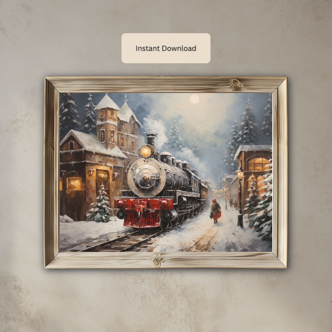 Rustikaler Zug Winter druckbare Kunst, Vintage Winter Weihnachten Zug Print Instant Download