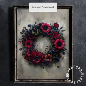 Floral Gothic Print Digital Download, Dark Academia Printable Wall Art, Moody Flowers Picture to Print, Vintage Gothic Wreath Digital Print