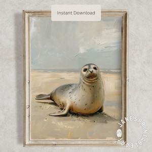 Cute Harbor Seal Art Print Digital Download, Beach House Decor Nautical Wall Art, Ocean Animal Painting,  Seal Digital Art Downloadable
