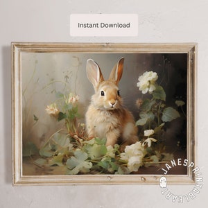 Floral Bunny Wall Art Print Digital Download, Cute Rabbit amidst Delicate Spring Flowers Printable Wall Art, Springtime Farmhouse Wall Decor