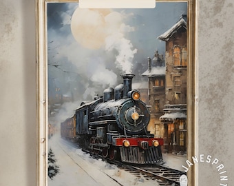 May include: A framed print of a vintage train scene. The artwork depicts a black steam train traveling through a snowy town at night, with a large moon in the sky. The text "Instant Download" is visible at the top.