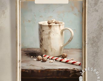 Puede incluir: Impresión artística de una bebida caliente en una taza blanca, cubierta con crema batida y virutas de chocolate. Un bastón de caramelo a rayas rojas y blancas y nueces están sobre la mesa. El texto "Instant Download" está en la parte superior.