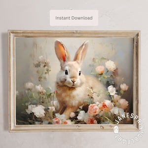 May include: A white rabbit with pink ears sits in a field of pink and white flowers. The rabbit is looking directly at the viewer. The background is a soft blue.