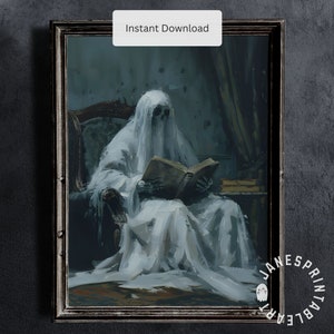 Decoración de pared imprimible de Halloween con fantasmas que leen, arte digital de descarga instantánea, lindo póster de lectura de libros de fantasmas, impresión de Halloween para amantes de los libros