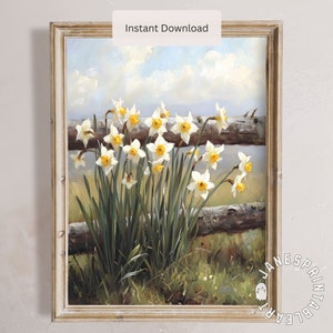 White Daffodils Digital Print Instant Download, Rustic Floral Painting Printable Wall Art, Country Flowers Poster Farmhouse Spring Decor