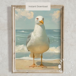 Seagull on the Beach Printable Wall Art, Coastal Print for Bird Lovers Digital Download, Light Blue Beachy Wall Decor, Digital Print Seagull
