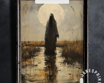 Spooky Ghost Painting Printable Wall Art, Vintage Halloween Print Digital Download, Moonlight River Ghost Picture, Dark Spooky Wall Print