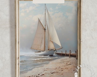 Lámina artística vintage de velero para descargar digitalmente, arte mural náutico imprimible, pintura de velero para decoración de casa de playa, lámina de playa descargable