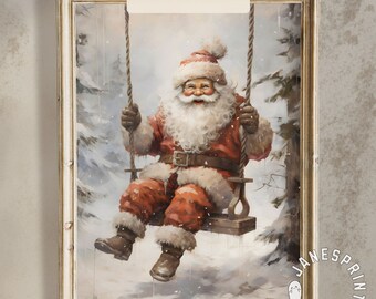 Printable Art of Santa Clause Instant Download, Vintage Christmas Farmhouse Wall Art, Rustic Winter Picture of Santa on a Swing in the Woods