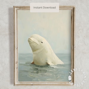 White Beluga Whale Portrait Digital Download, Vintage Ocean Animal Printable Wall Art, Nautical Seascape Painting, Cute Peeking Whale Print