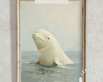 Retrato de ballena beluga blanca para descarga digital, arte mural vintage de animales marinos para imprimir, pintura de paisaje marino náutico, lámina de ballena asomándose adorable