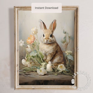 Spring Bunny Rabbit Printable Wall Art Digital Download, Floral Bunny Poster Cute Spring Living Room Decor, Neutral Warm Rabbit Wall Print