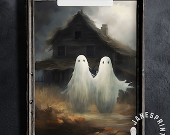 Ghost Couple Printable Wall Art, Vintage Halloween Print Digital Print, Farmhouse Spooky Season Wall Picture, Ghosts Spooky Print Download