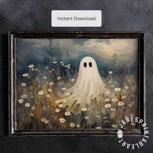 Ghost in Flower Field Digital Print, Dark Academia Ghost Print Instant Download, Floral Ghost Printable Wall Art, Cute Vintage Ghost Picture
