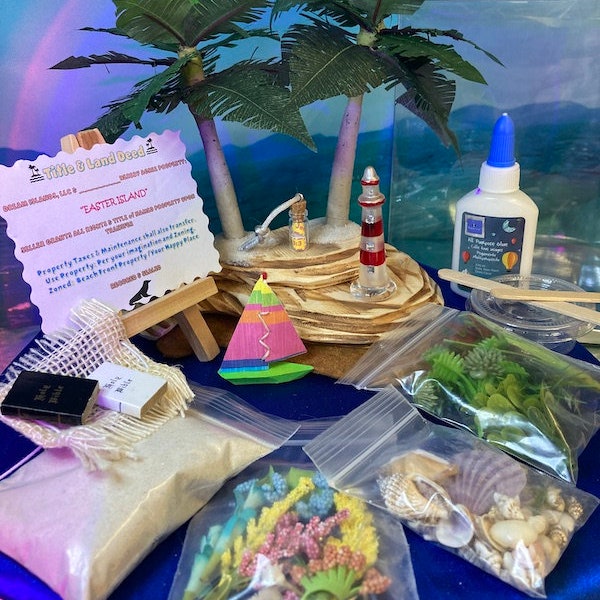 BYO Tropical EASTER ISLAND Diorama Beach Kit with Lighthouse, Bible, Message in the Bottle, Sand, Shells, Plants, Sailboat, Title Deed, etc.