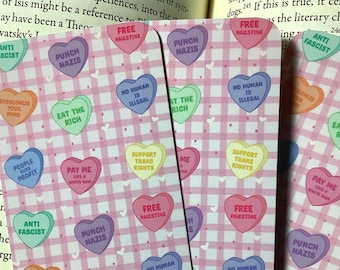 Leftist Protest Candy Heart Bookmarks for the Resistance | Anti Fascist, Anti Capitalism, Feminist, Political Justice Bookmark