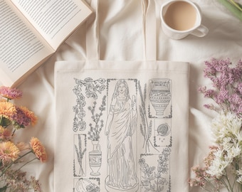 Borsa tote Dea / Borsa tote in tela con motivo Persefone / Arte della Dea Guerriera Femminile Divina / Borsa con mitologia femminista / Regalo della Dea Greca