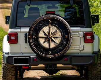 Spare Tire Cover Compass, Heavy Duty Vinyl, antique wood rustic world map, Fits Jeep Ford Bronco Hummer Trailer, Handmade USA, Off-Road Gift