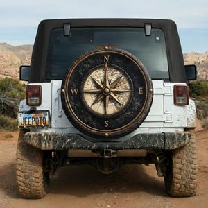 Spare tire cover, compass on stone and old map, all sizes, heavy duty Vinyl, PVC, or Fabric options