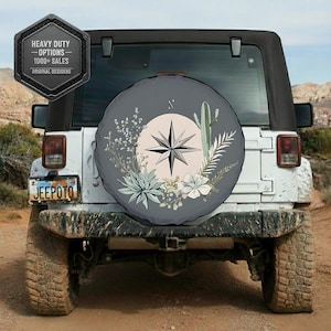 Capa para pneu reserva com bússola e flores do deserto para Jeep e Bronco, todos os tamanhos, diversas opções de materiais duráveis.